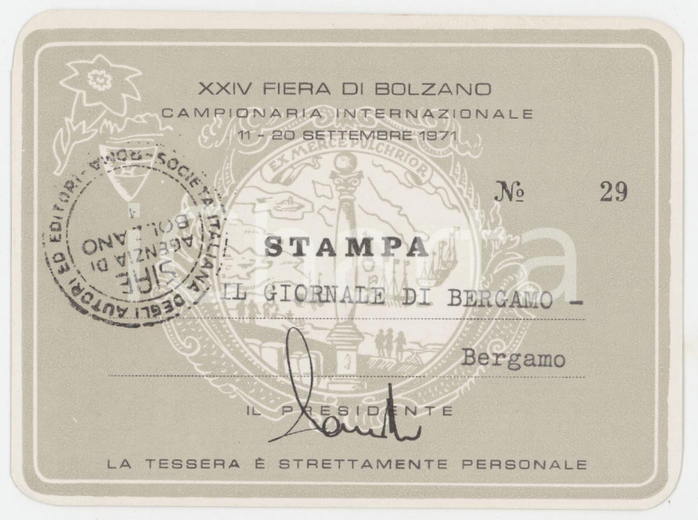 1971 XXIV FIERA DI BOLZANO Tessera stampa per IL GIORNALE DI BERGAMO 11x8 cm