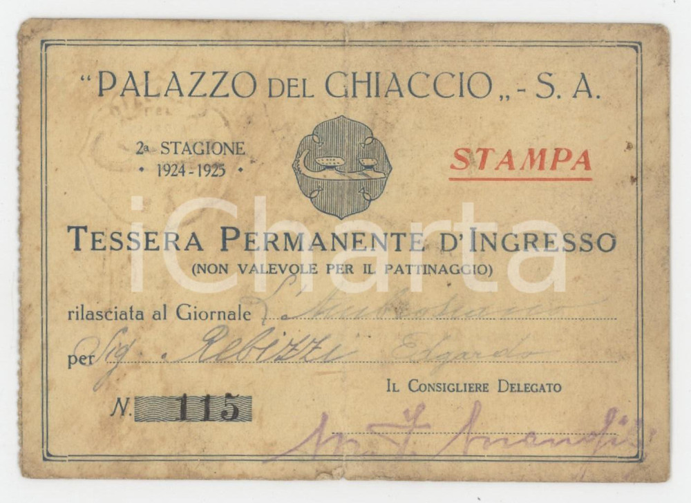 1924 MILANO Palazzo del ghiaccio - Tessera stampa Edgardo REBIZZI L'ambrosiano