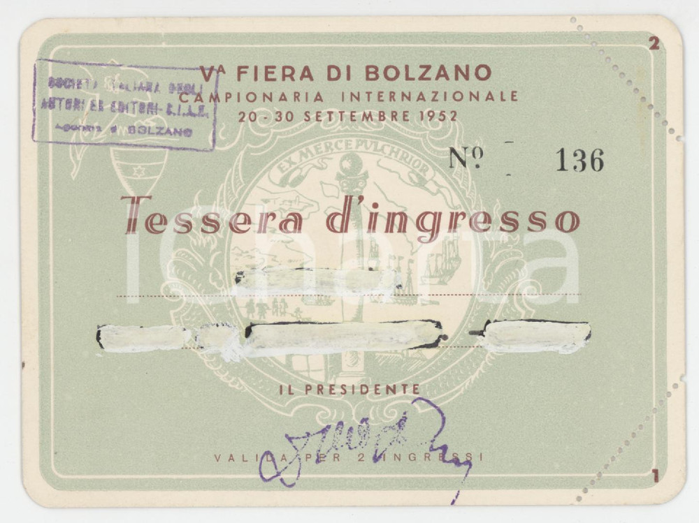 1952 BOLZANO - V Fiera Campionaria Internazionale - Tessera di ingresso 11x8 cm