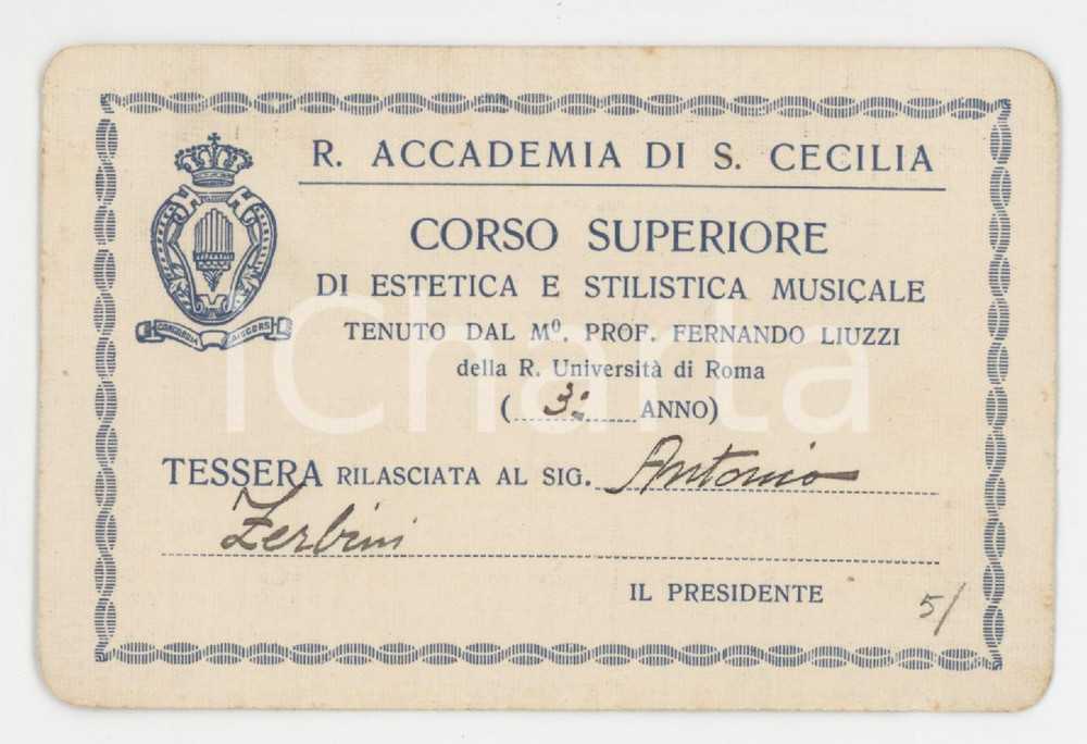 1940 ca ROMA Regia Accademia Santa Cecilia - Tessera di Antonio ZERBINI 10x7 cm