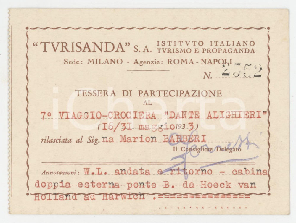 1933 MILANO - TURISANDA Tessera di Marion BARBERI per Crociera Dante Alighieri