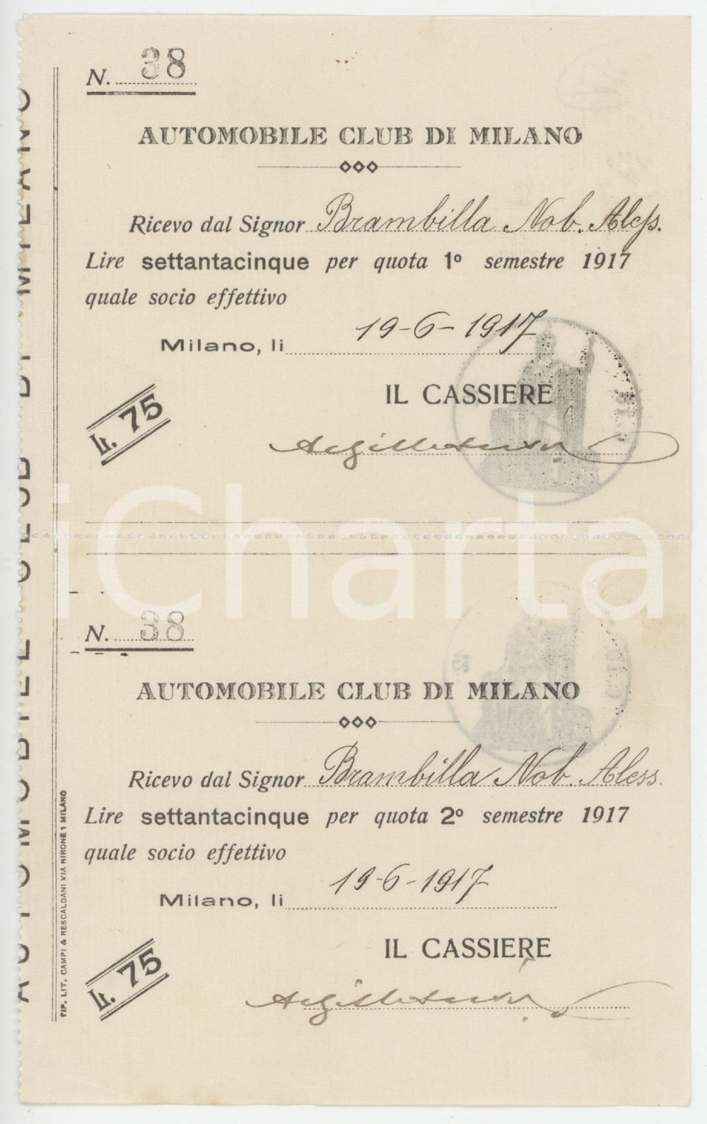 1917 MILANO Automobile Club - Ricevute per quota primo e secondo semestre 11x18