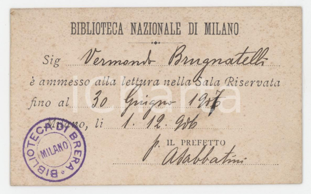 1917 MILANO Biblioteca di Brera - Tessera di Vermondo BRUGNATELLI 9x5 cm