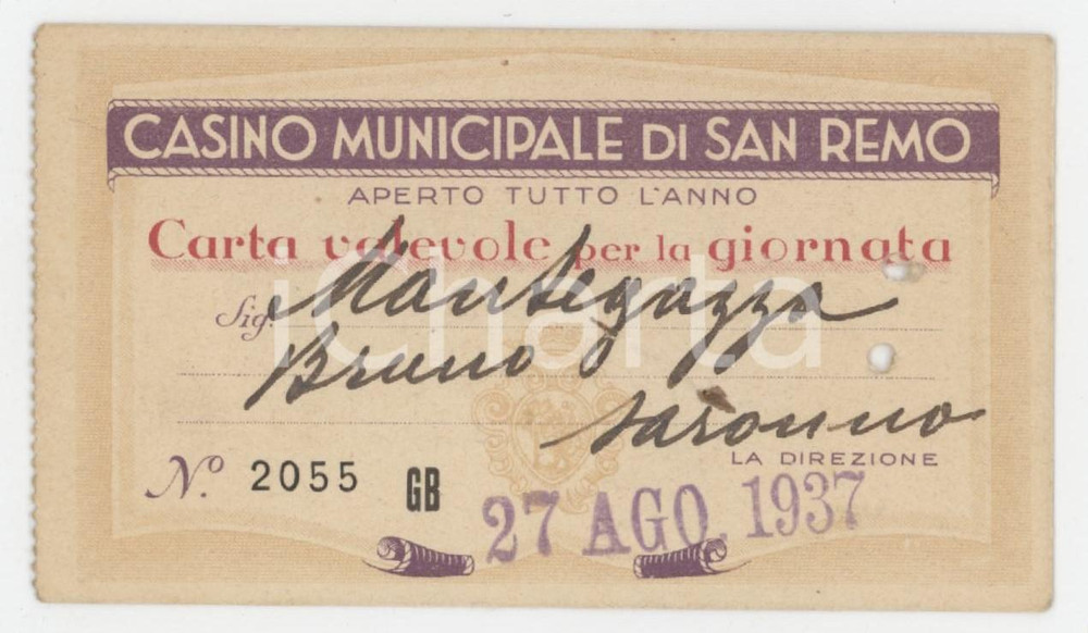 1932 SANREMO Casinò Municipale - Carta valevole per la giornata 10x5 cm