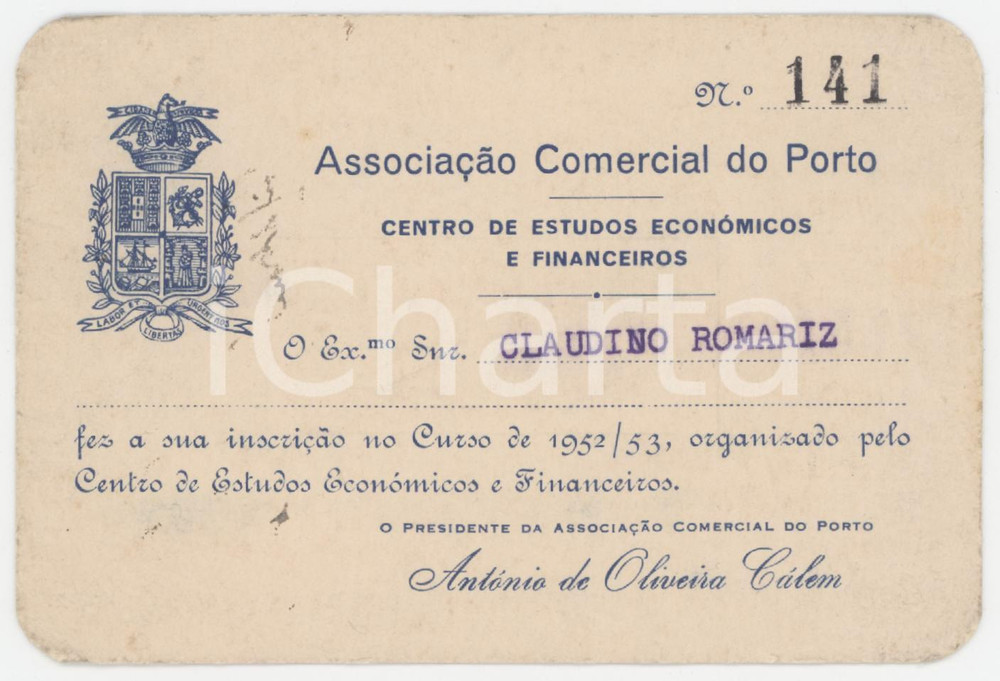 1952 PORTO Associacao Comercial - Centro de estudos econòmicos - Tessera 11x7 cm