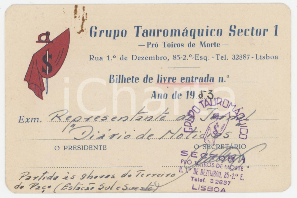 1953 LISBOA Grupo Tauromaquico Sector 1 - Bilhete de libre etrada 11x8 cm