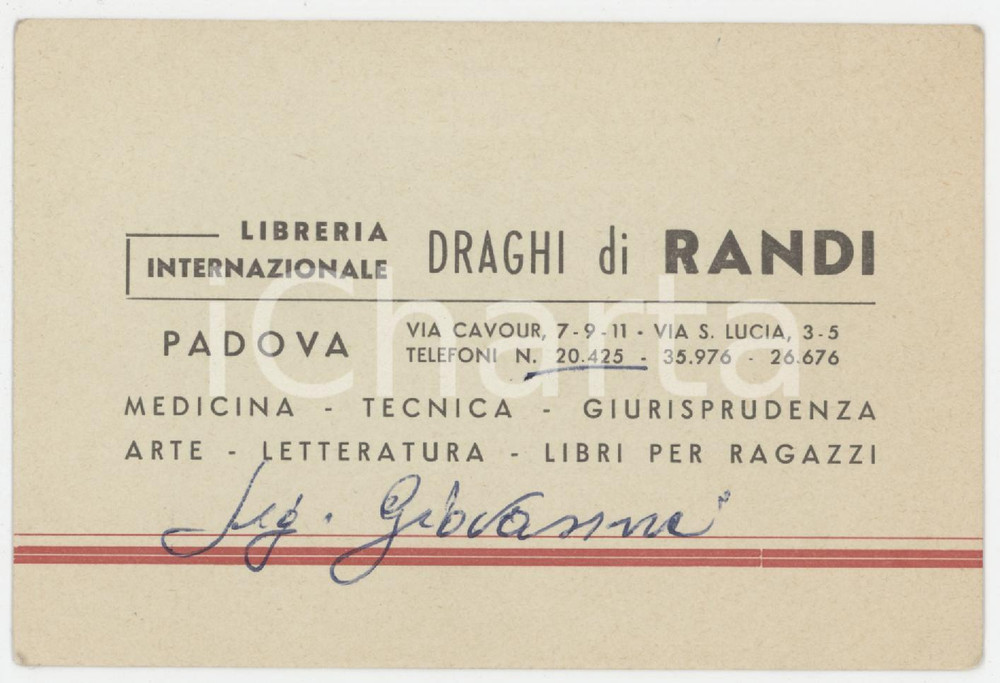 1955 ca PADOVA Libreria internazionale DRAGHI DI RANDI Biglietto da visita 11x7