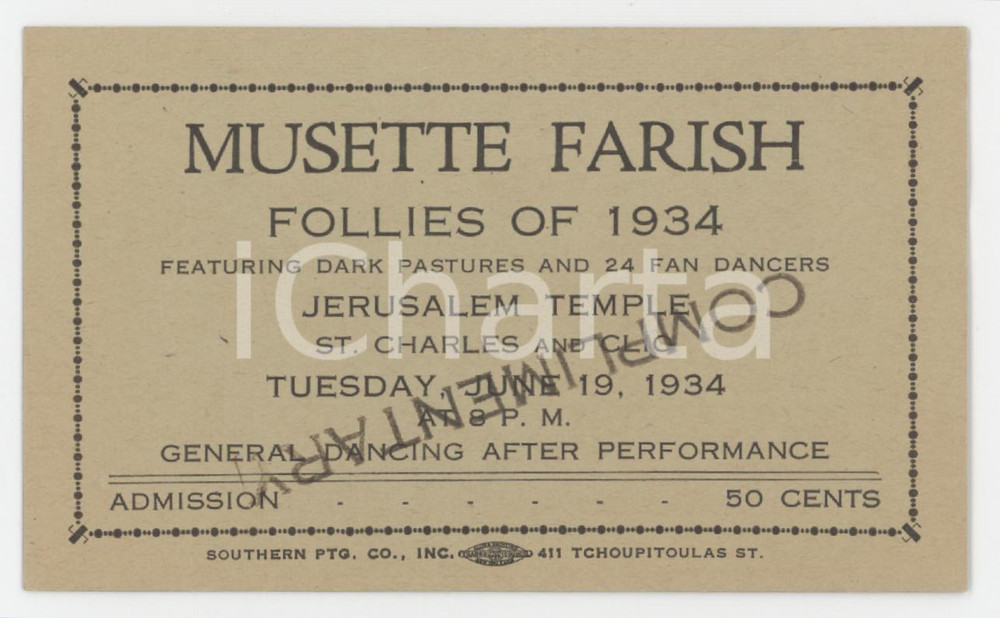 1934 NEW ORLEANS - JERUSALEM TEMPLE Musette FARISH Follies of 1934 - Ticket
