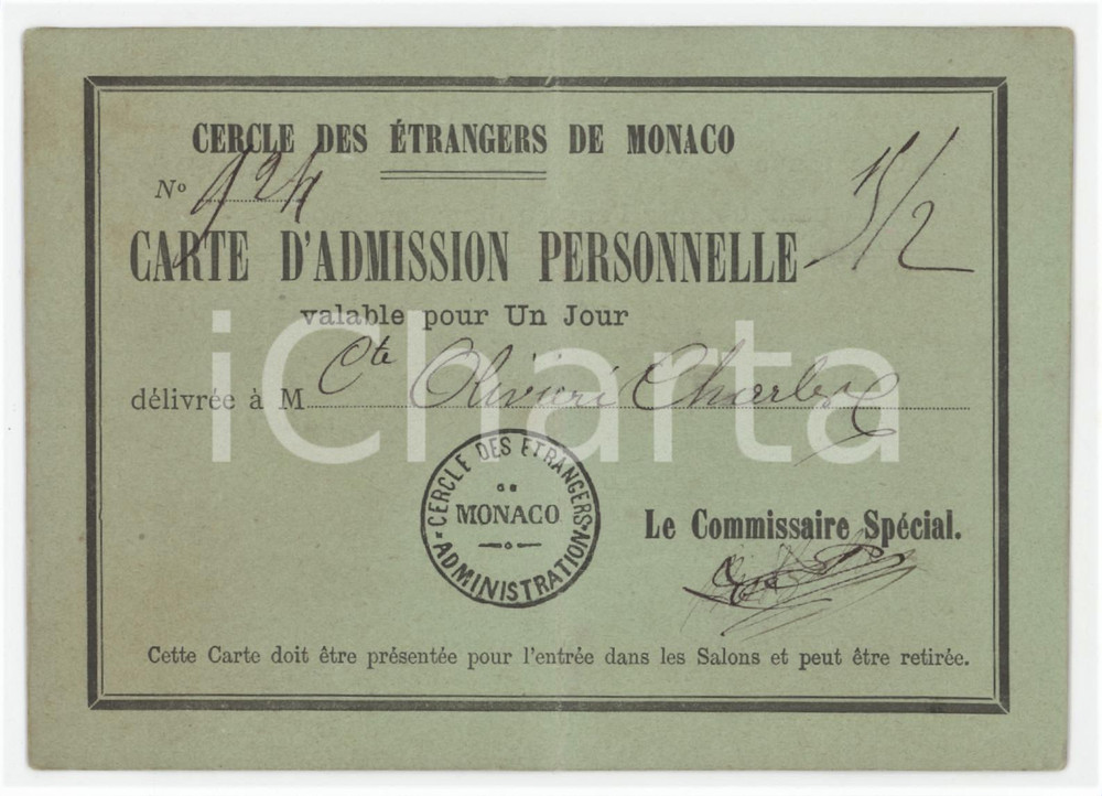 1910 ca MONACO Cercle des étrangers - Carte d'admission personnelle 13x9 cm