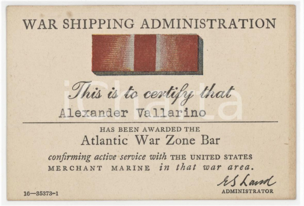 1950 ca WAR SHIPPING ADMINISTRATION Alexander VALLARINO Atlantic War Zone Bar