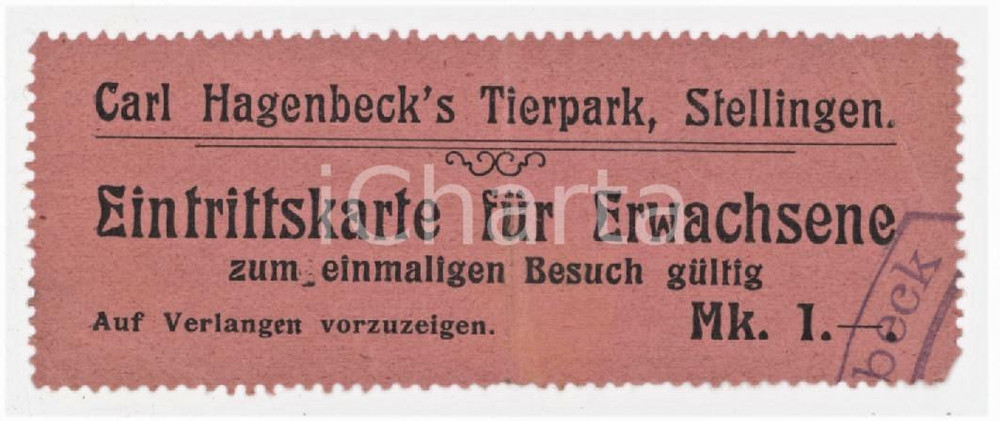 1920 ca HAMBURG - STELLINGEN Carl Hagenbeck's Tierpark - Eintrittskarte 8x3 cm