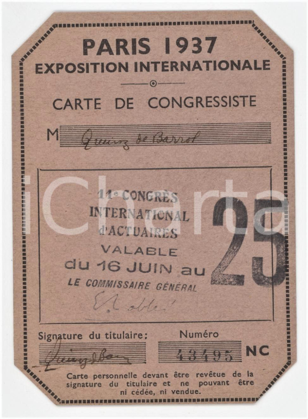 1937 PARIS Exposition Internationale - Carte de congressiste 7x10 cm