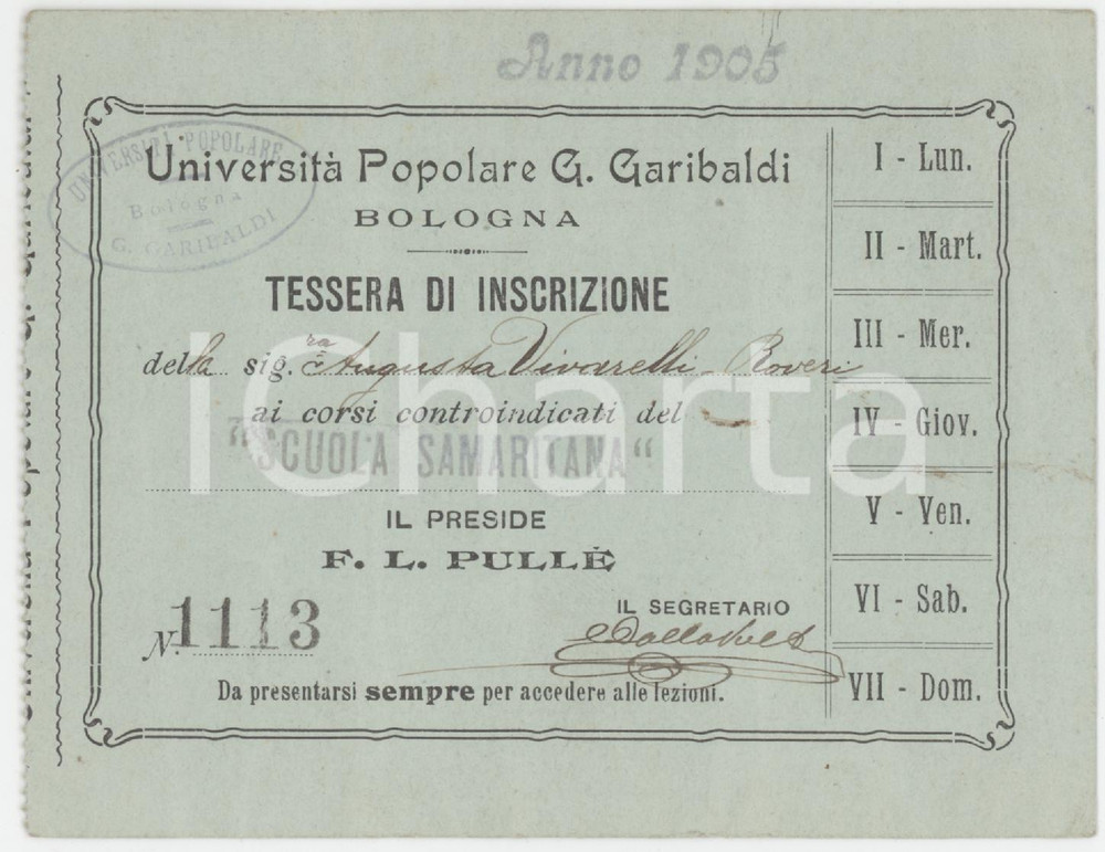 1905 BOLOGNA Università Popolare GARIBALDI Tessera di iscrizione 12x9 cm
