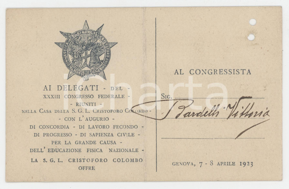 1923 GENOVA FGNI Ginnastica Ligure Cristoforo Colombo - Tessera XXXIII Congresso