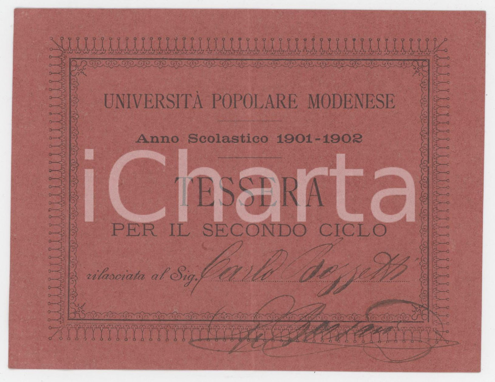 1901 MODENA Università Popolare Modenese - Tessera per il secondo ciclo 13x10 cm