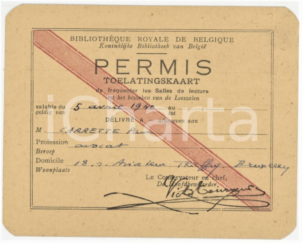1940 BRUXELLES Bibliothèque Royale de Belgique - Permis salles de lecture 12x9