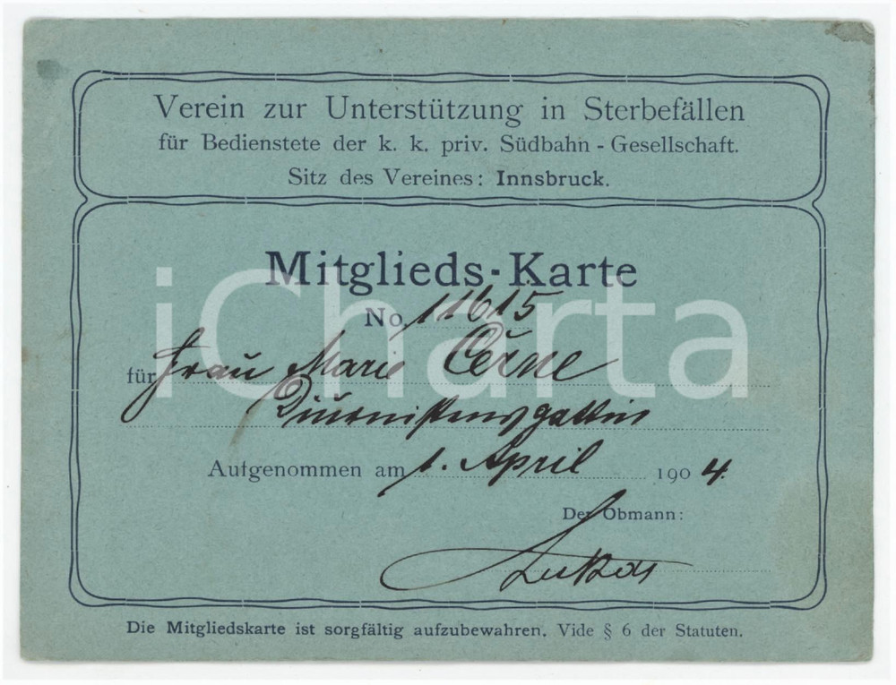 1904 INNSBRUCK Verein zur unterstutzung in Sterbefallen - Mitglieds karte 13x10