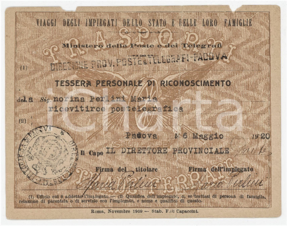 1920 PADOVA Direzione Poste - Viaggi delle famiglie dei militari - Tessera