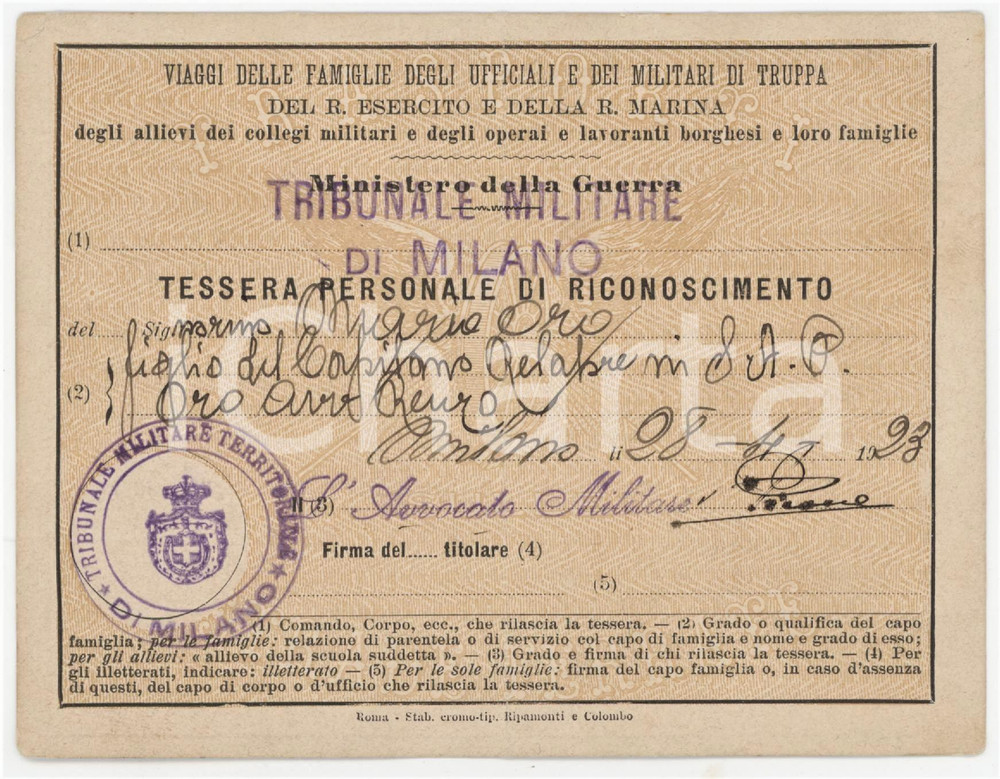 1923 MILANO Tribunale militare - Viaggi delle famiglie dei militari - Tessera