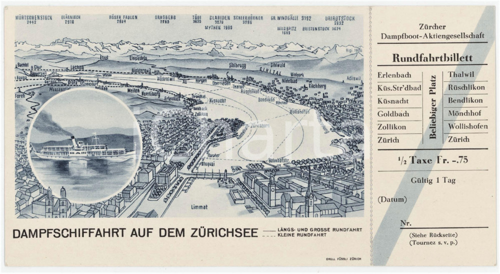1935 ca ZURICH Dampfschifffahrt auf dem ZURICHSEE Rundfahrt Billett 20x10 cm