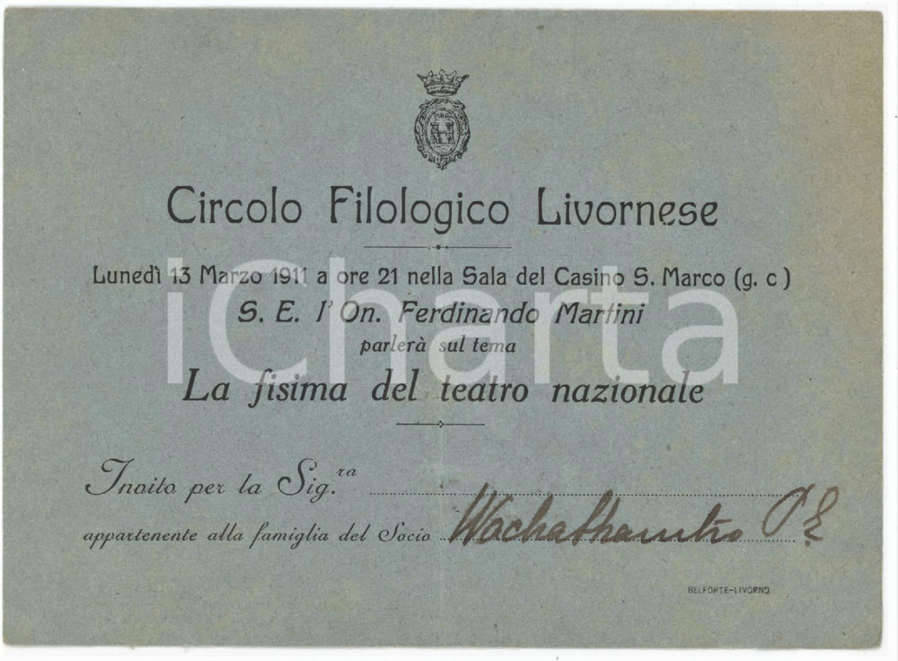 1911 LIVORNO Circolo filologico - Invito alla conferenza di Ferdinando MARTINI