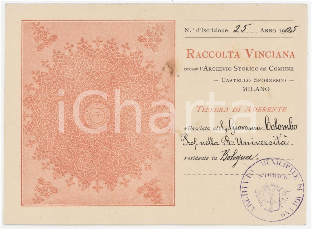1905 MILANO Raccolta Vinciana - Tessera Giovanni COLOMBO Università di Bologna