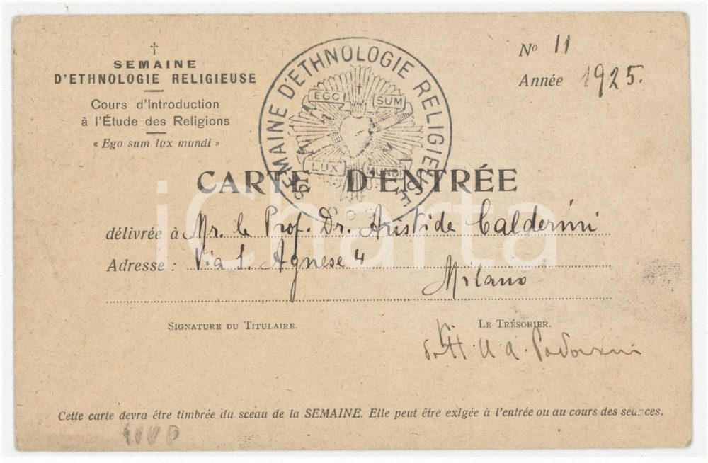1925 FRANCE Semaine d'ethnologie religieuse - Carte d'entrée Aristide CALDERINI