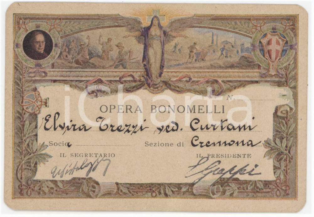1920 ca OPERA BONOMELLI Sezione di CREMONA Tessera 11x7 cm