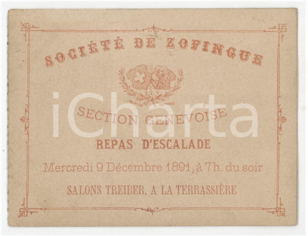 1891 GENEVE Salons Treiber - Société de Zofingue - Repas d'escalade 10x8 cm