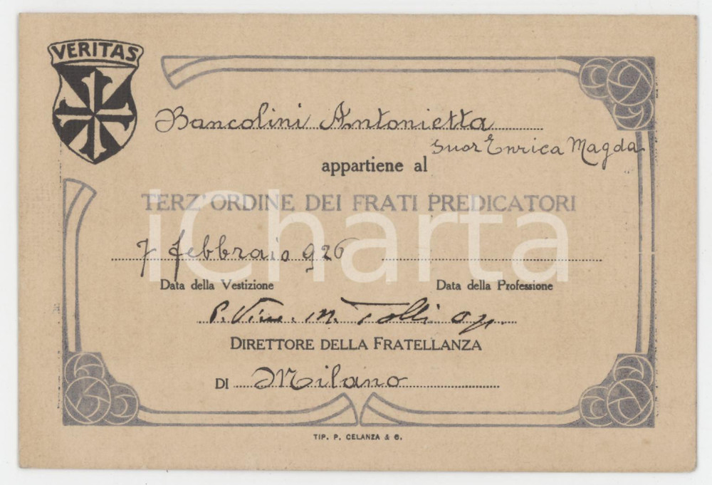 1926 MILANO Terz'ordine Frati Predicatori - Tessera Antonietta BANCOLINI Suora