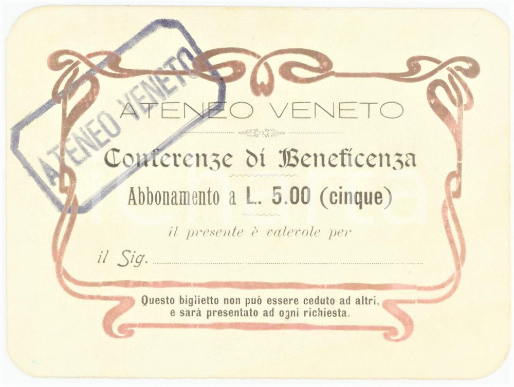 1920 ca VENEZIA Ateneo Veneto - Conferenze di beneficienza - Tessera 12x9 cm