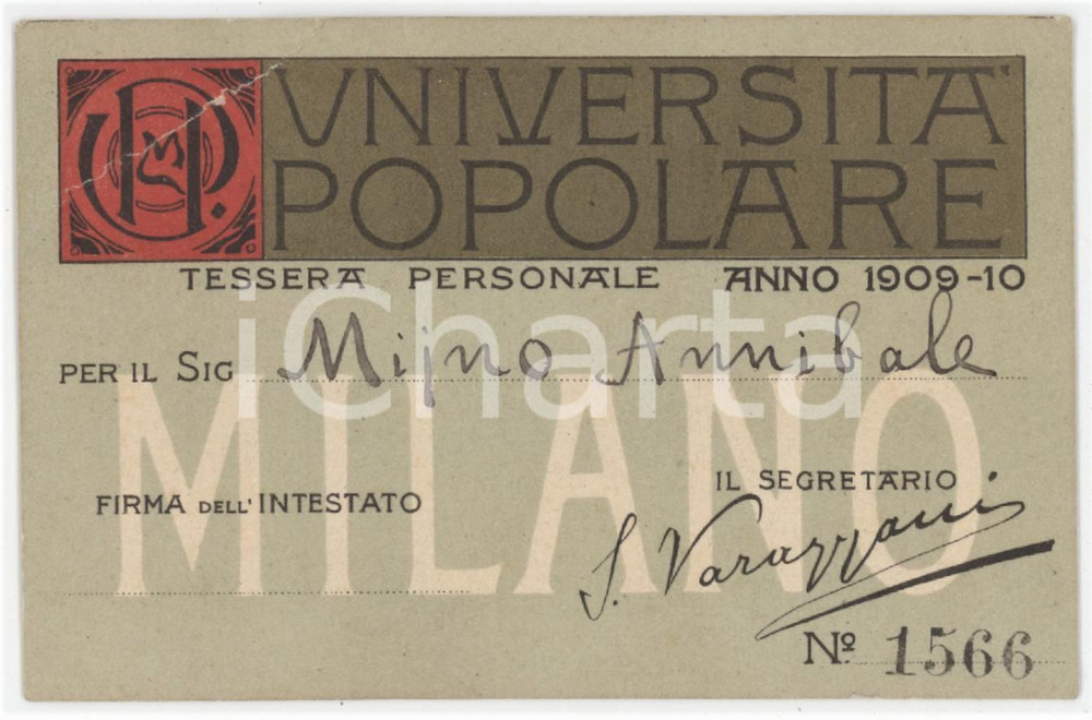 1909 MILANO - UPM Università Popolare Milanese - Tessera 11x7 cm