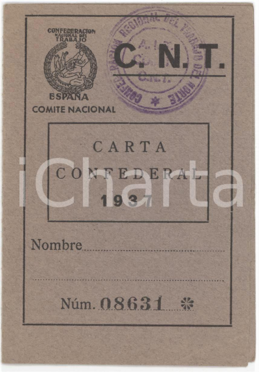 1937 ESPANA Confederacion nacioncal del trabajo CNT Carta confederal 7x10 cm