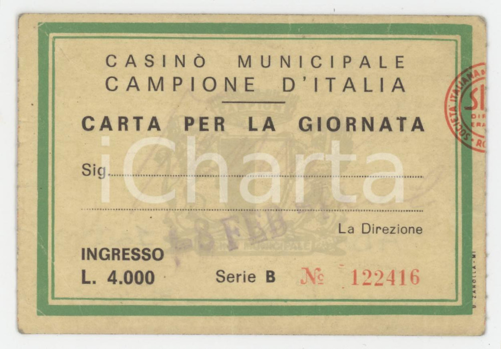1957 CAMPIONE D'ITALIA Casinò municipale - Carta per la giornata 10x7 cm