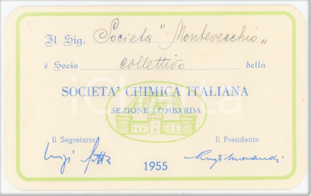 1955 SOCIETÀ CHIMICA ITALIANA Sez. Lombardia - Tessera Società MONTEVECCHIO