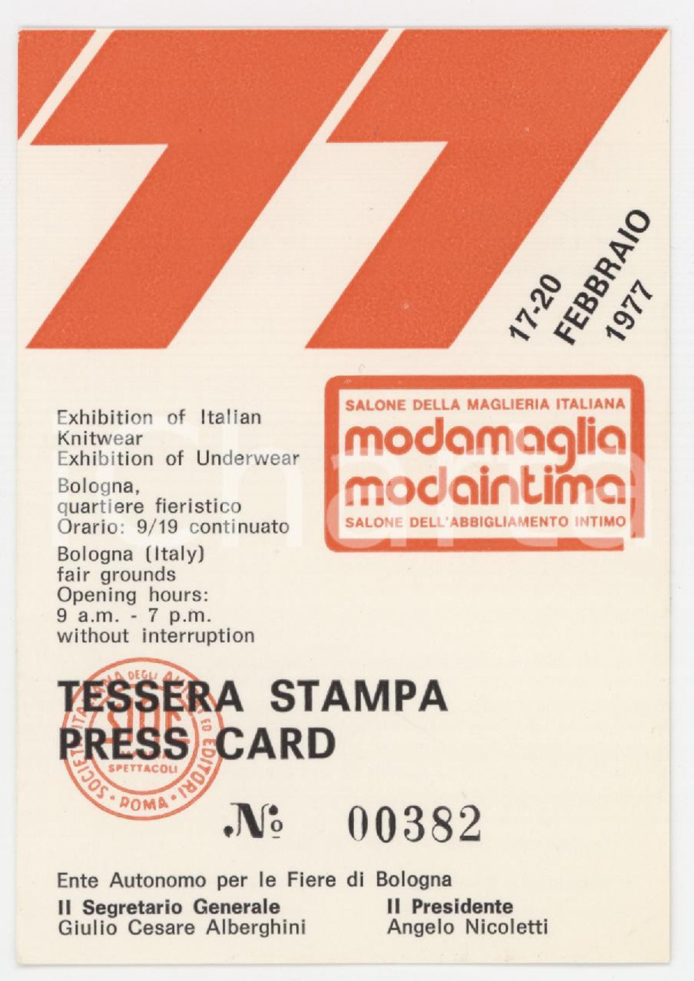 1977 BOLOGNA Fiera MODAMAGLIA - MODAINTIMA Tessera stampa 7x10 cm