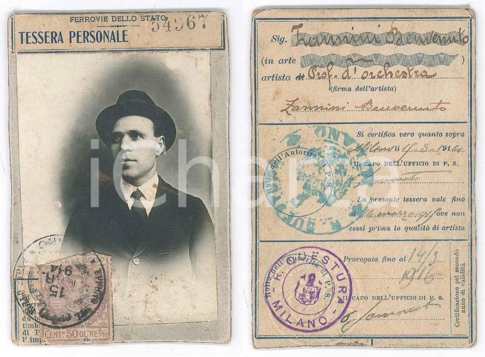 1914 MILANO Prof. d'orchestra Benvenuto IANNINI Tessera FERROVIE DELLO STATO