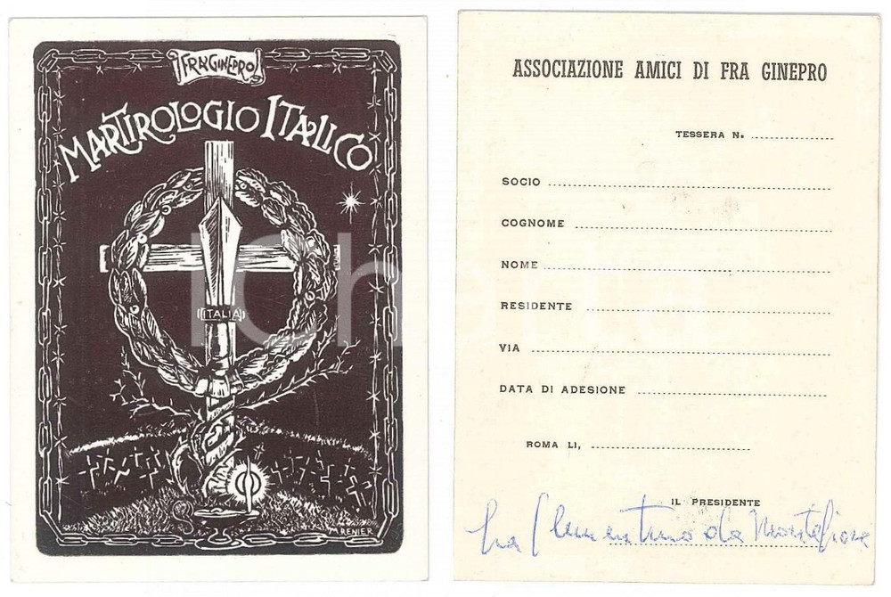 1965 ca AMICI DI FRA GINEPRO Tessera con firma di Fra Clementino DA MONTEFIORE