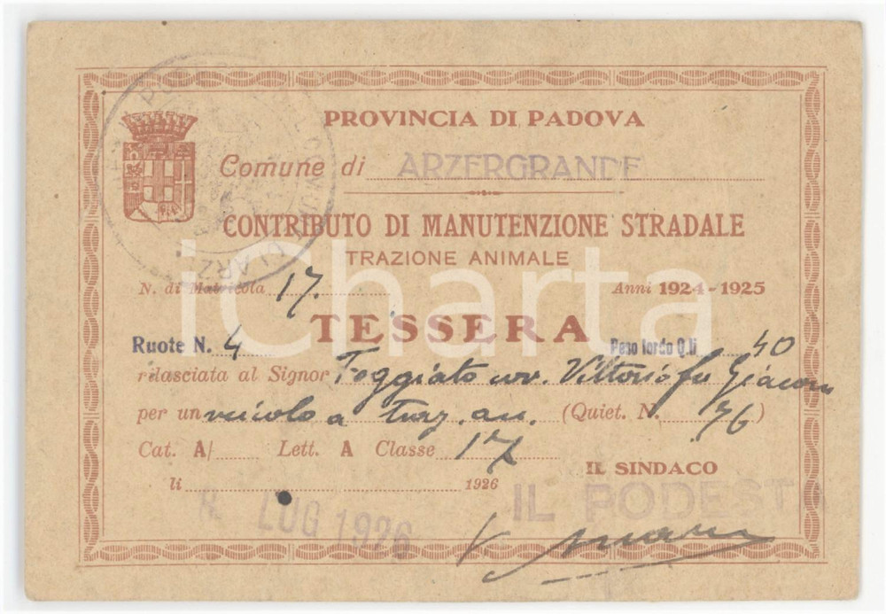 1926 ARZERGRANDE Contributo manutenzione stradale - Trazione animale - Tessera