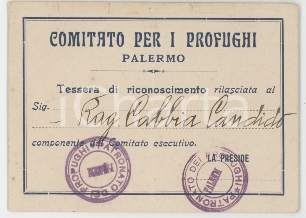 1920 ca PALERMO Comitato per i profughi - Tessera di Candido CABBIA - 12x9 cm