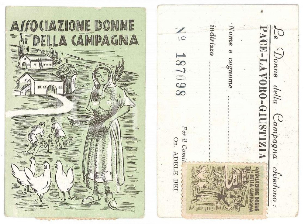 1950 ca Associazione DONNE DELLA CAMPAGNA Tessera con bollo 6x9 cm