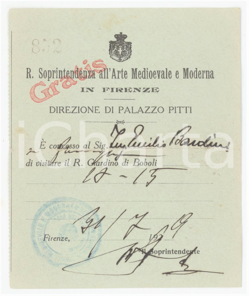 1929 FIRENZE Regia Soprintendenza - Concessione per visita Giardino di BOBOLI