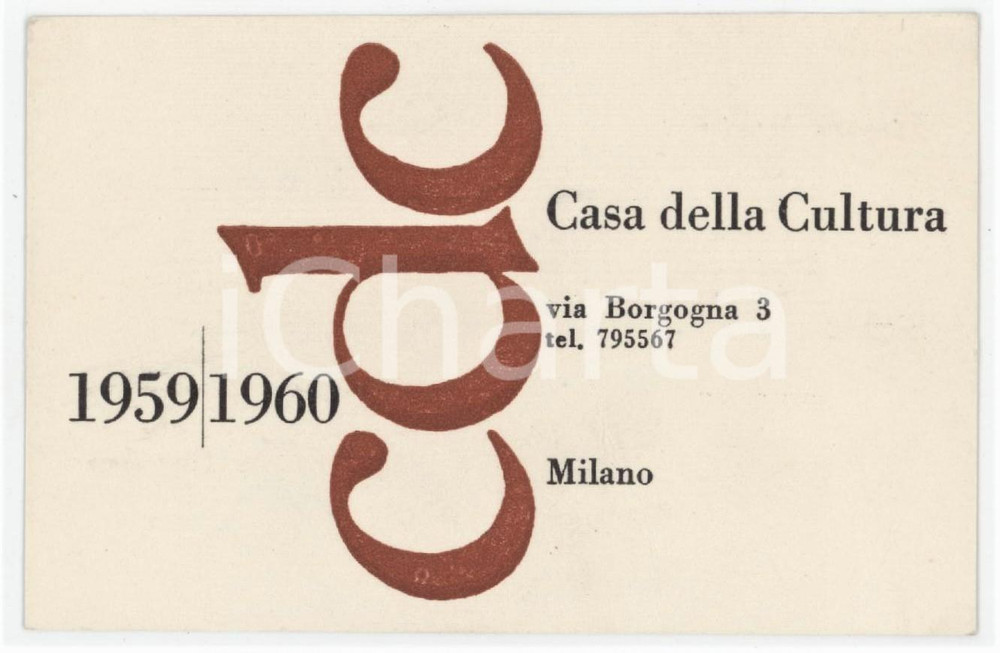 1959 MILANO - CDC Casa della Cultura - Tessera 10x7 cm