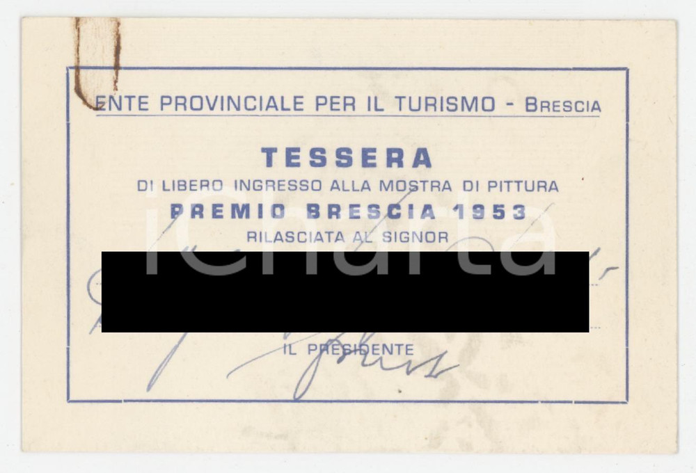 1953 PREMIO BRESCIA Tessera di ingresso alla mostra di pittura 10x7 cm