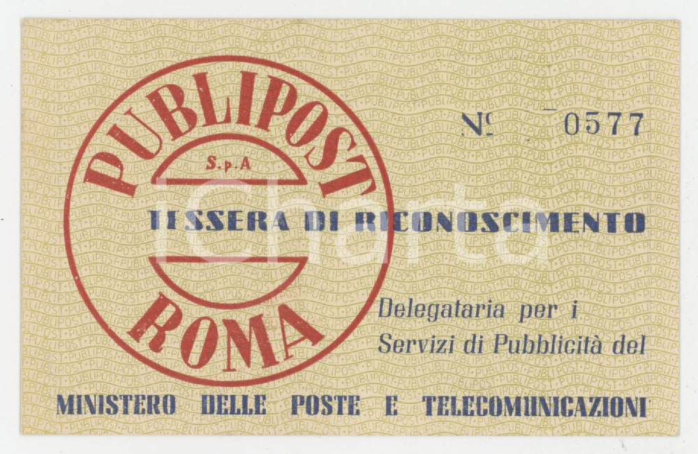 1965 ca ROMA PUBLIPOST Delegatoria servizi pubblicità Tessera di riconoscimento