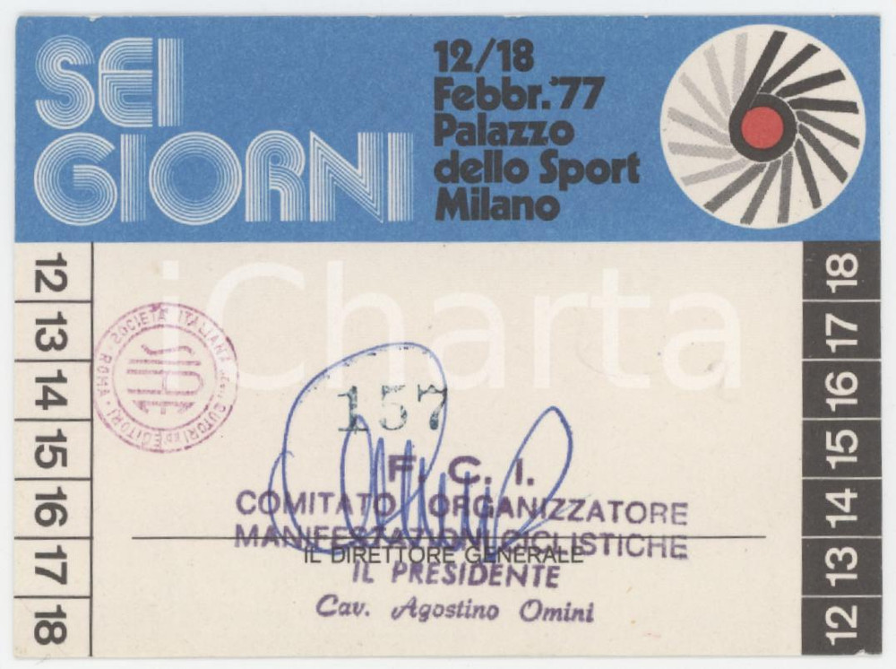 1977 SEI GIORNI DI MILANO - CICLISMO Palazzo dello sport - Tessera 8x6 cm