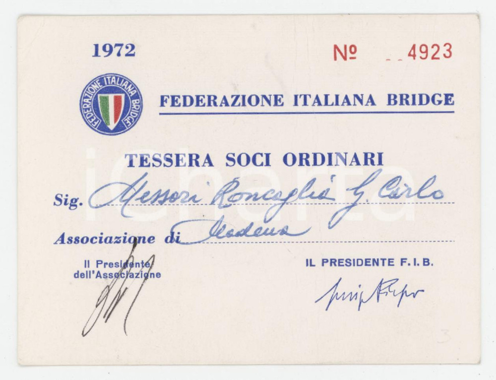 1972 MODENA Federazione Italiana di Bridge - Tessera soci ordinari 10x7 cm