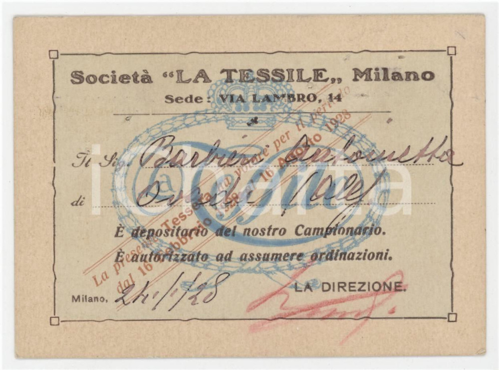 1928 MILANO Società La Tessile - Tessera di Antonietta BARBIERI di OVADA - 10x7