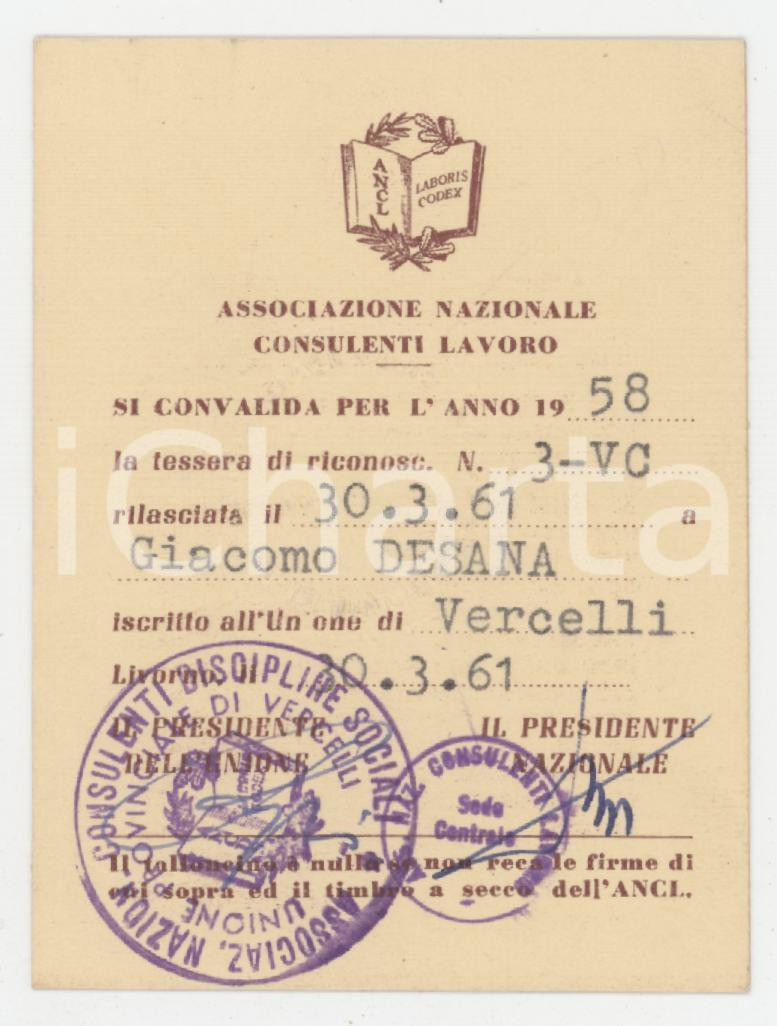 1958 VERCELLI - ANCL Associazione Nazionale Consulenti Lavoro - Tessera 6x8 cm
