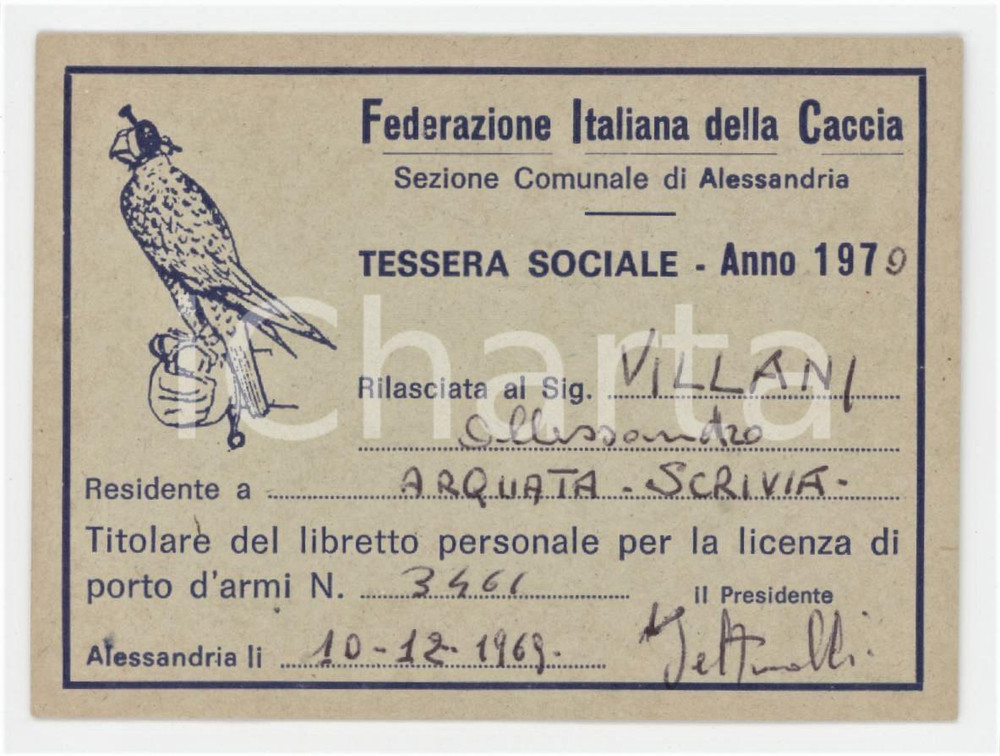 1970 ALESSANDRIA Federazione Italiana della Caccia - Tessera 9x7 cm